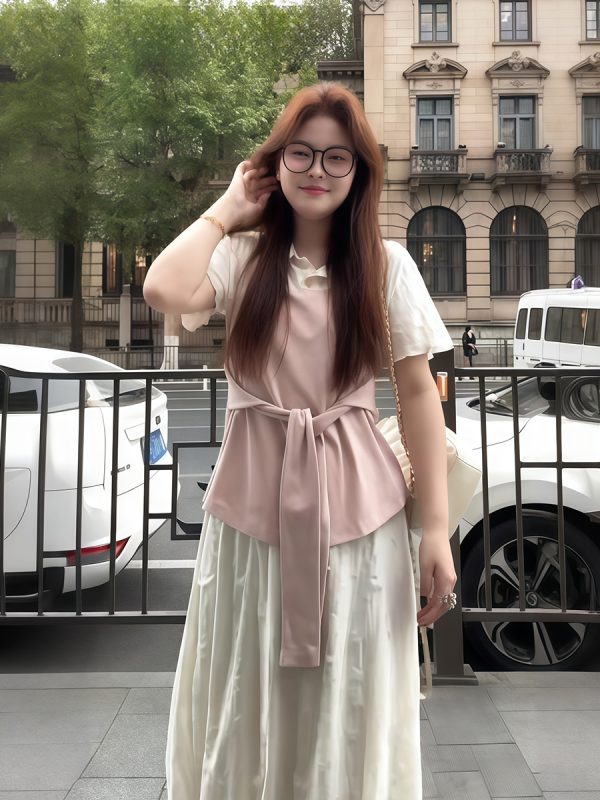 Plus-Size Women's Faux Two-Piece Spliced Top and Flower Bud Skirt Set - Elegant Slim-Fit Summer Fashion
