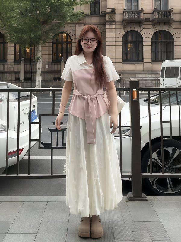 Plus-Size Women's Faux Two-Piece Spliced Top and Flower Bud Skirt Set - Elegant Slim-Fit Summer Fashion