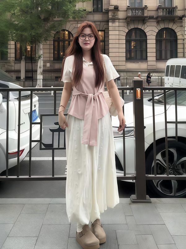 Plus-Size Women's Faux Two-Piece Spliced Top and Flower Bud Skirt Set - Elegant Slim-Fit Summer Fashion