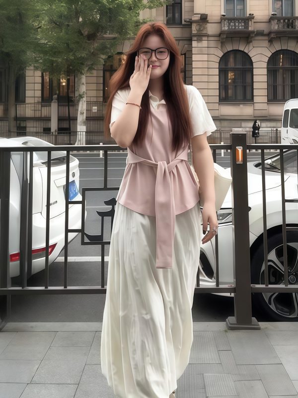 Plus-Size Women's Faux Two-Piece Spliced Top and Flower Bud Skirt Set - Elegant Slim-Fit Summer Fashion
