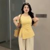 Plus-Size Women's French Design Summer Short-Sleeve T-Shirt, Unique Irregular Cut, Tummy-Covering Split Top for Curvy Styles