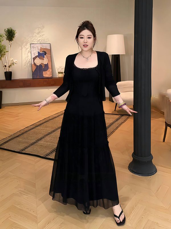 Plus-Size Women's French-Style Pleated Camisole Dress with Long Sleeve Cardigan Set - Summer Cover-Up for Curvy Fashion