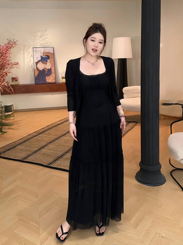 Plus-Size Women's French-Style Pleated Camisole Dress with Long Sleeve Cardigan Set - Summer Cover-Up for Curvy Fashion