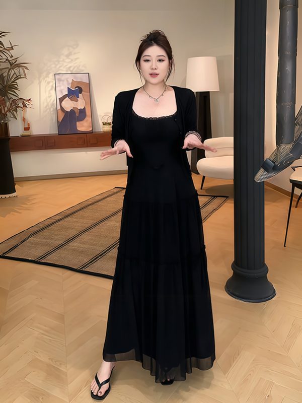 Plus-Size Women's French-Style Pleated Camisole Dress with Long Sleeve Cardigan Set - Summer Cover-Up for Curvy Fashion