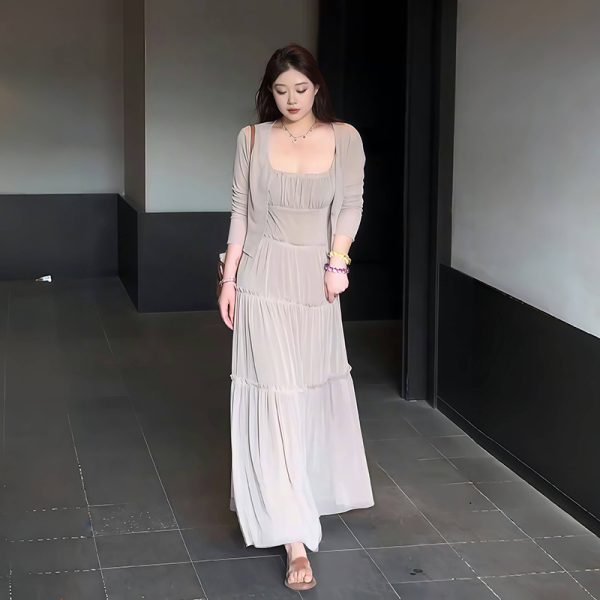 Plus-Size Women's French-Style Pleated Camisole Dress with Long Sleeve Cardigan Set - Summer Cover-Up for Curvy Fashion