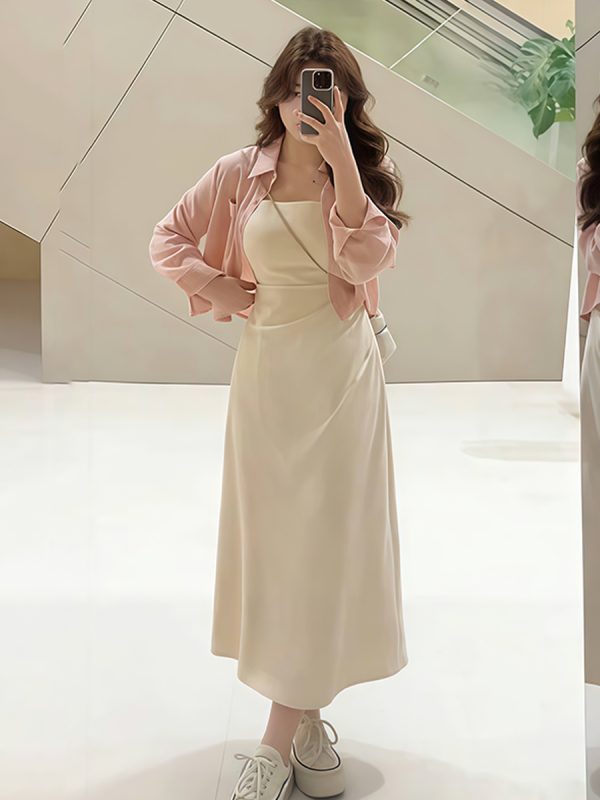 Plus-Size Women's French-Style Pleated Waist Camisole Dress & Cover-Up Set - Slimming Summer Fashionable Two-Piece for Curvy Style