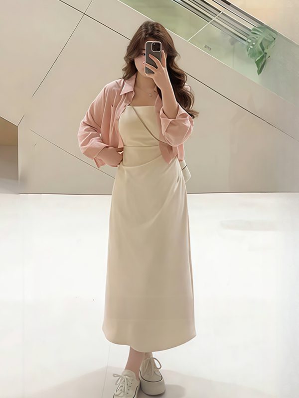 Plus-Size Women's French-Style Pleated Waist Camisole Dress & Cover-Up Set - Slimming Summer Fashionable Two-Piece for Curvy Style