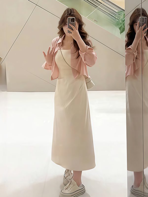 Plus-Size Women's French-Style Pleated Waist Camisole Dress & Cover-Up Set - Slimming Summer Fashionable Two-Piece for Curvy Style