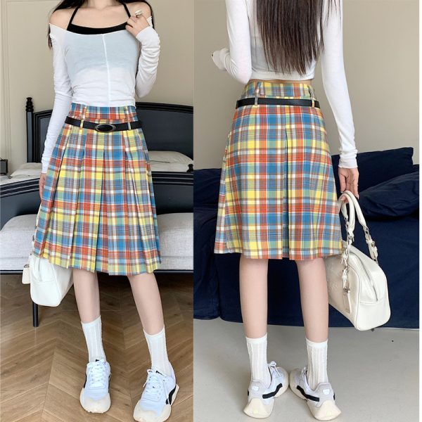 Plus Size Women's High-Waisted A-Line Colorful Plaid Pleated Skirt - Retro Checkered Mid-Length Style