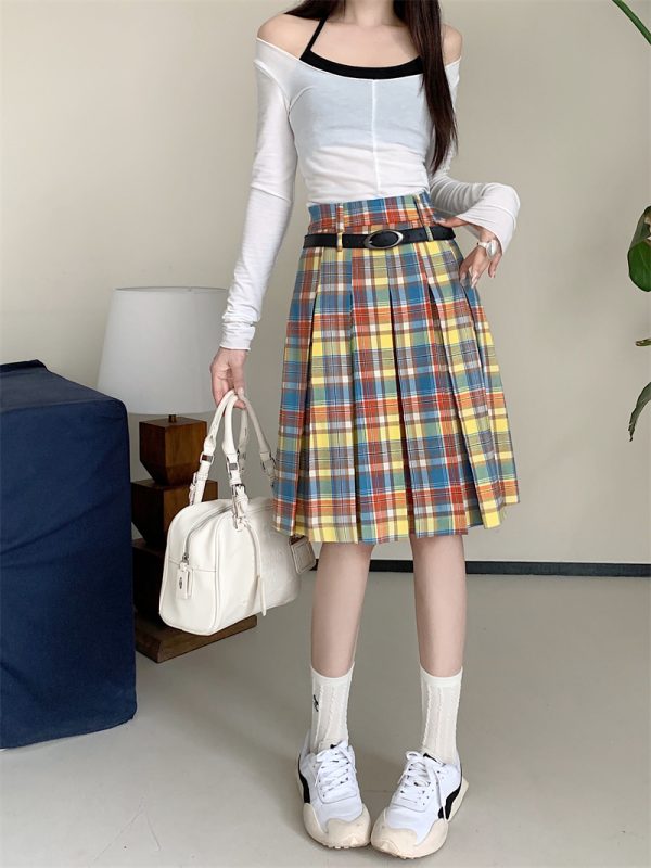 Plus Size Women's High-Waisted A-Line Colorful Plaid Pleated Skirt - Retro Checkered Mid-Length Style
