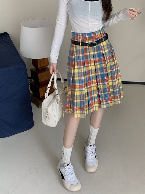 Plus Size Women's High-Waisted A-Line Colorful Plaid Pleated Skirt - Retro Checkered Mid-Length Style
