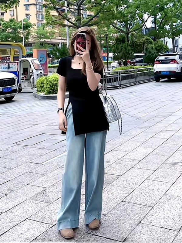 Plus Size Women's Ice Silk Side-Slit T-Shirt - Slimming Knitted Summer Top for Chubby Figures, Versatile and Stylish