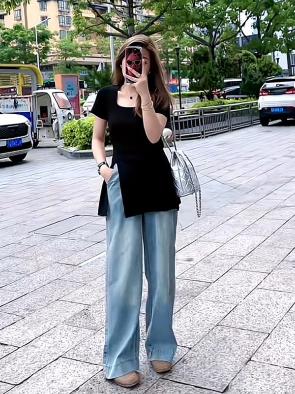 Plus Size Women's Ice Silk Side-Slit T-Shirt - Slimming Knitted Summer Top for Chubby Figures, Versatile and Stylish