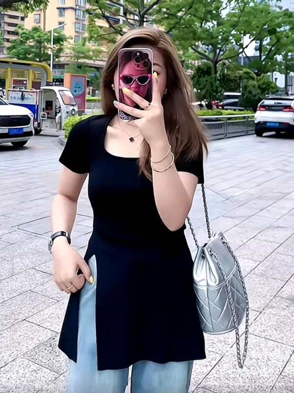Plus Size Women's Ice Silk Side-Slit T-Shirt - Slimming Knitted Summer Top for Chubby Figures, Versatile and Stylish