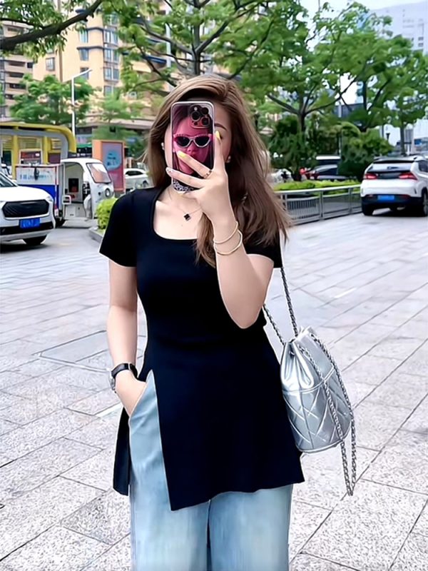 Plus Size Women's Ice Silk Side-Slit T-Shirt - Slimming Knitted Summer Top for Chubby Figures, Versatile and Stylish