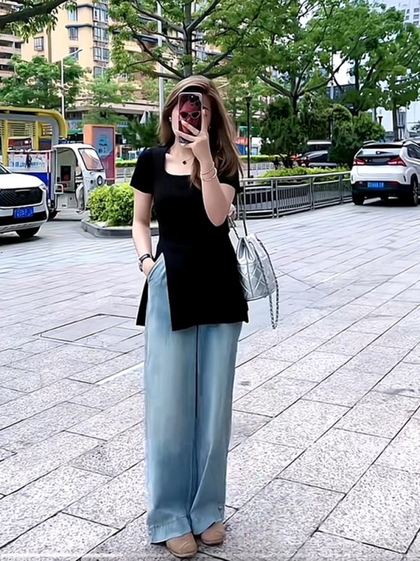 Plus Size Women's Ice Silk Side-Slit T-Shirt - Slimming Knitted Summer Top for Chubby Figures, Versatile and Stylish