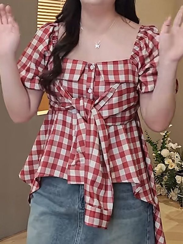 Plus Size Women's Irregular Hem Plaid Shirt - Slimming Youthful Blouse for a Unique 90s Inspired Outfit