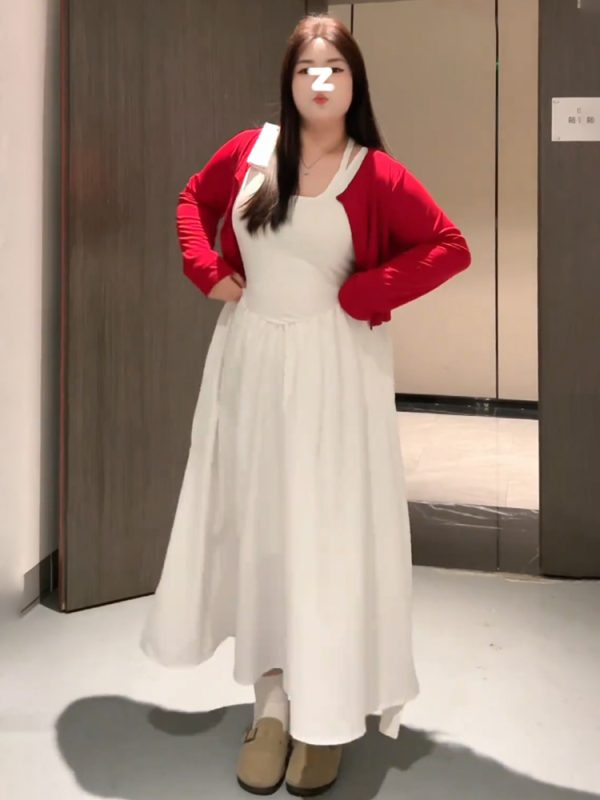 Plus-Size Women's Korean-Style Camisole Dress and Knitted Cardigan Set - 2025 Early Spring Collection