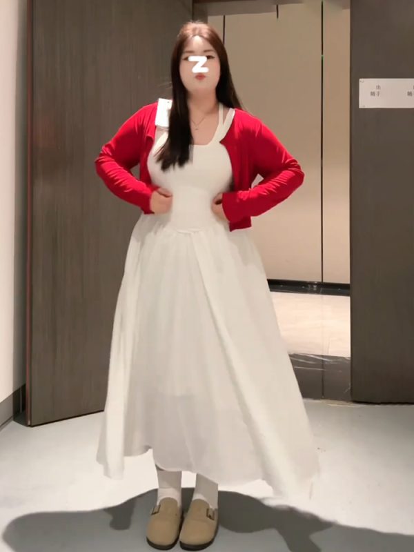 Plus-Size Women's Korean-Style Camisole Dress and Knitted Cardigan Set - 2025 Early Spring Collection