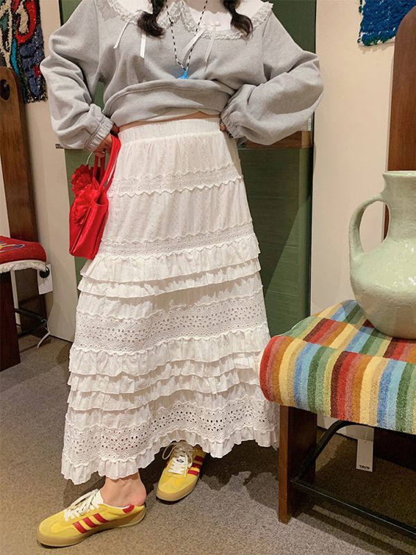 Plus Size Women's Lace Cake Skirt - Mid-Length White Skirt for Spring & Autumn, Stylish Half-Length Design