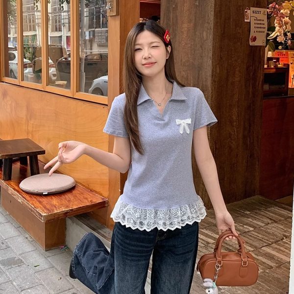 Plus-Size Women's Lace Patchwork Bow Short-Sleeve T-Shirt - Summer Sweet Slimming Lapel Top for Curvy Girls