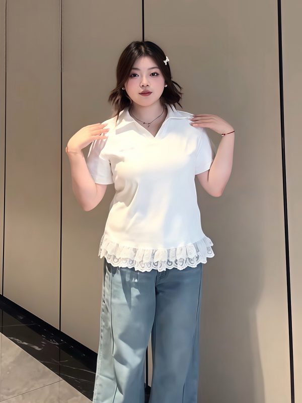 Plus-Size Women's Lace Patchwork Bow Short-Sleeve T-Shirt - Summer Sweet Slimming Lapel Top for Curvy Girls