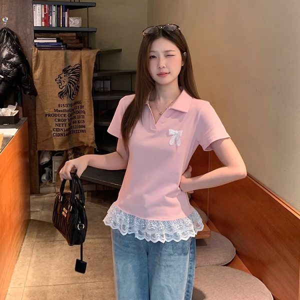 Plus-Size Women's Lace Patchwork Bow Short-Sleeve T-Shirt - Summer Sweet Slimming Lapel Top for Curvy Girls