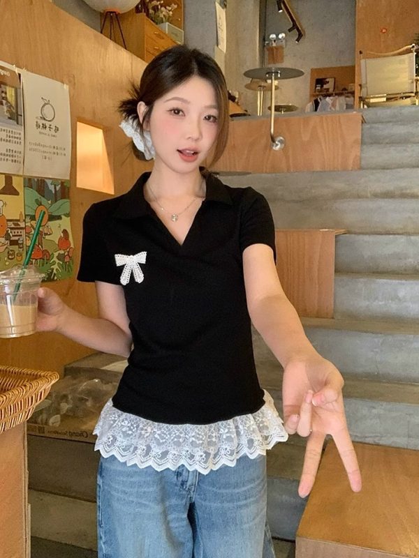 Plus-Size Women's Lace Patchwork Bow Short-Sleeve T-Shirt - Summer Sweet Slimming Lapel Top for Curvy Girls
