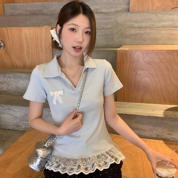 Plus-Size Women's Lace Patchwork Bow Short-Sleeve T-Shirt - Summer Sweet Slimming Lapel Top for Curvy Girls