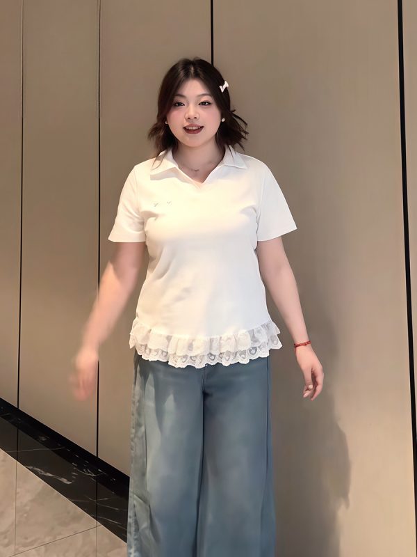 Plus-Size Women's Lace Patchwork Bow Short-Sleeve T-Shirt - Summer Sweet Slimming Lapel Top for Curvy Girls