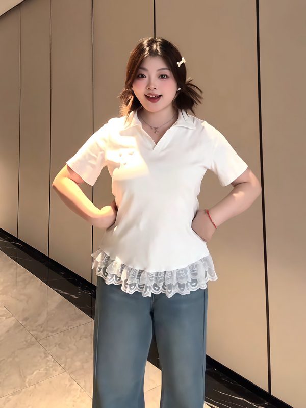 Plus-Size Women's Lace Patchwork Bow Short-Sleeve T-Shirt - Summer Sweet Slimming Lapel Top for Curvy Girls