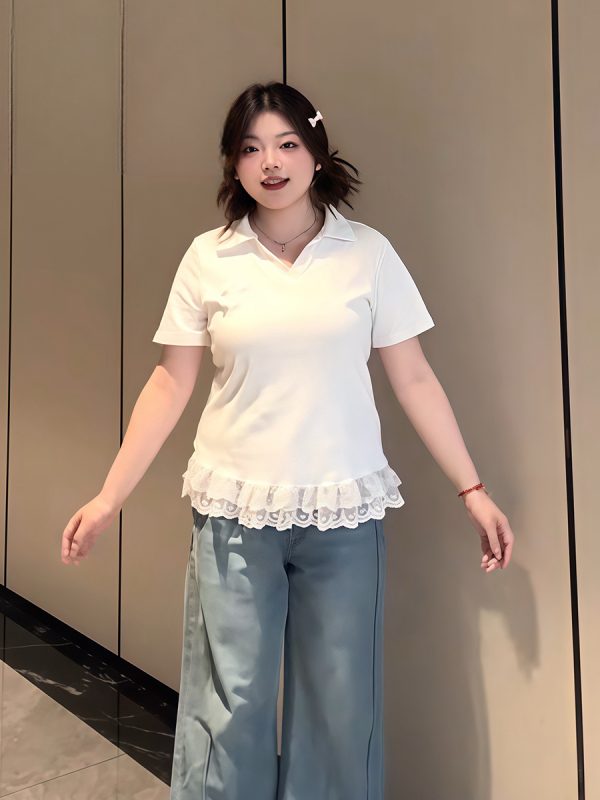 Plus-Size Women's Lace Patchwork Bow Short-Sleeve T-Shirt - Summer Sweet Slimming Lapel Top for Curvy Girls