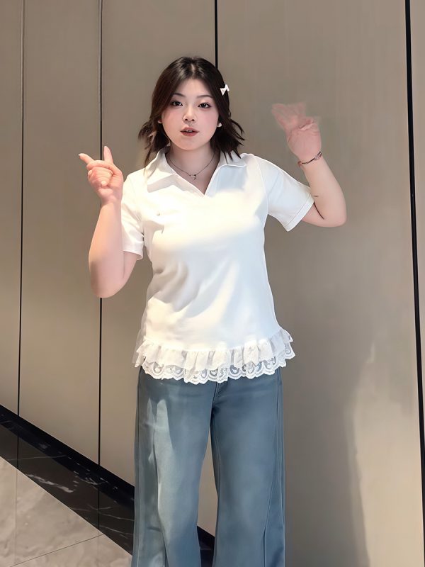 Plus-Size Women's Lace Patchwork Bow Short-Sleeve T-Shirt - Summer Sweet Slimming Lapel Top for Curvy Girls