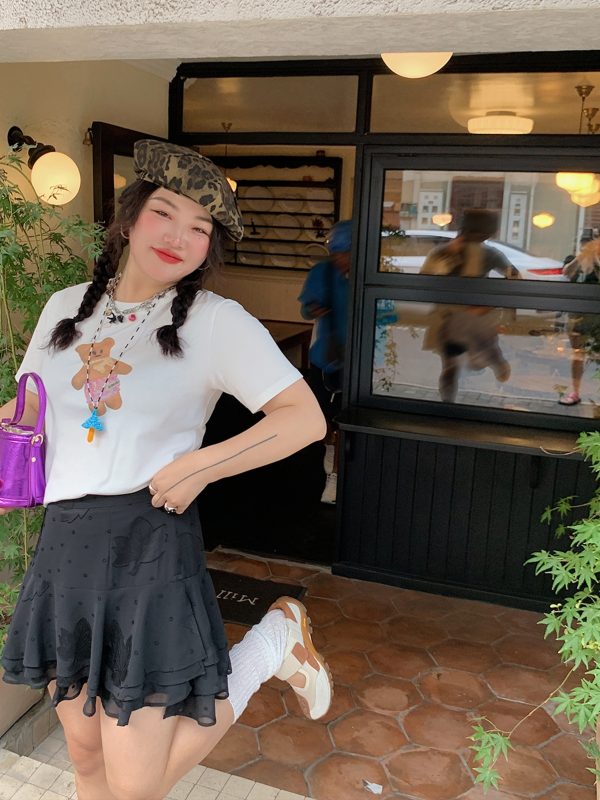 Plus Size Women's Little Bear Short Sleeve T-Shirt - 2025 New White Base Layer Top, Casual Korean Style Fashion