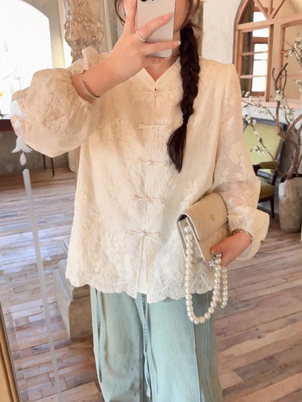 Plus Size Women's Long Sleeve Button-Up Shirt, High-End Embroidered Chinese Style, Flattering Curvy Fit, Elegant Temperament Top
