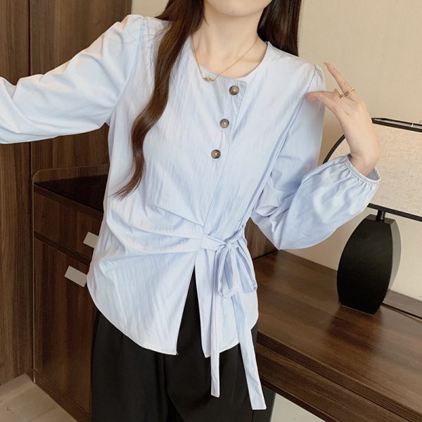 Plus-Size Women's Long Sleeve Shirt - French Design, Irregular Waist, Flattering Spring Top for Curvy Figures, Chic Fashion.