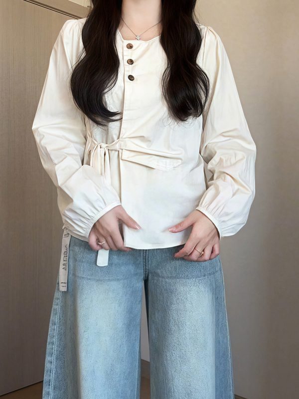 Plus-Size Women's Long Sleeve Shirt - French Design, Irregular Waist, Flattering Spring Top for Curvy Figures, Chic Fashion.