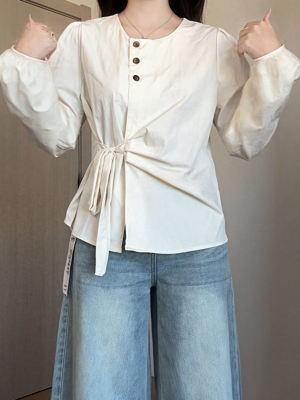 Plus-Size Women's Long Sleeve Shirt - French Design, Irregular Waist, Flattering Spring Top for Curvy Figures, Chic Fashion.