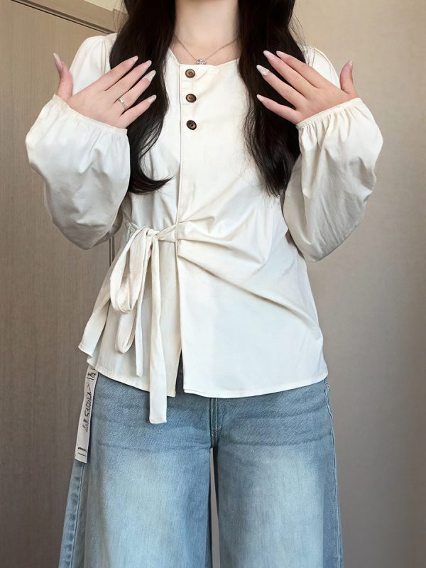 Plus-Size Women's Long Sleeve Shirt - French Design, Irregular Waist, Flattering Spring Top for Curvy Figures, Chic Fashion.