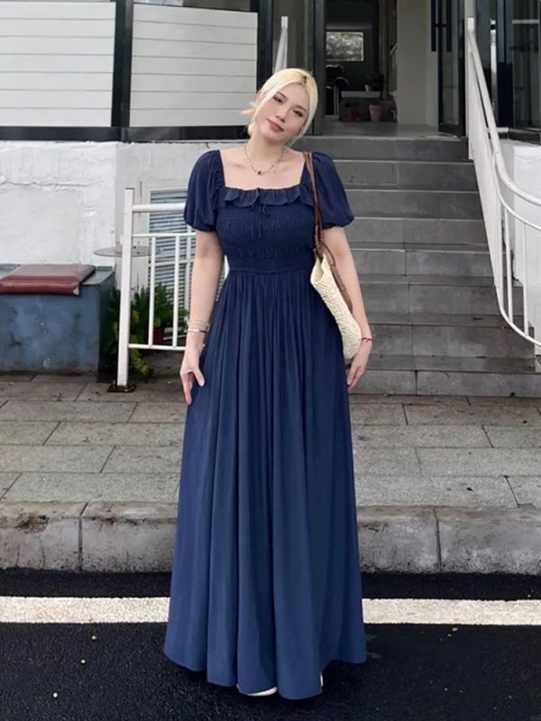 Plus-Size Women's Long Summer Dress with Slimming Effect, French Style Square Neck and Puff Sleeves, Elegant Curvy Fashion