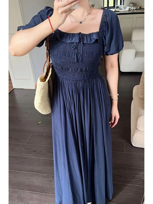 Plus-Size Women's Long Summer Dress with Slimming Effect, French Style Square Neck and Puff Sleeves, Elegant Curvy Fashion