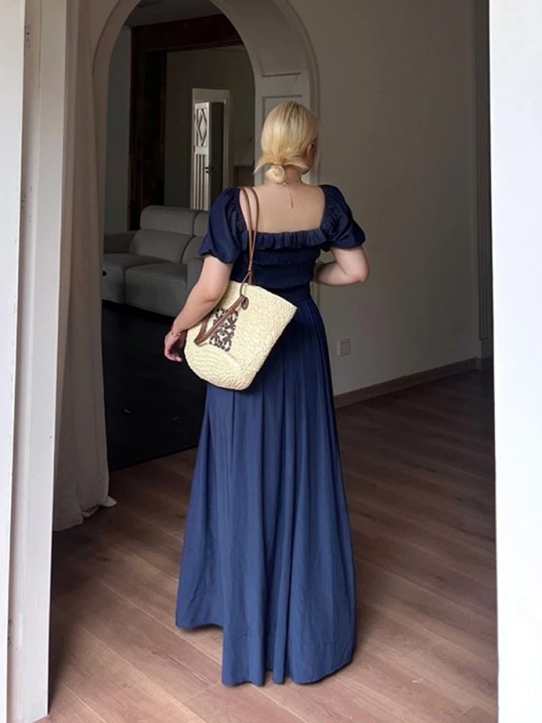 Plus-Size Women's Long Summer Dress with Slimming Effect, French Style Square Neck and Puff Sleeves, Elegant Curvy Fashion