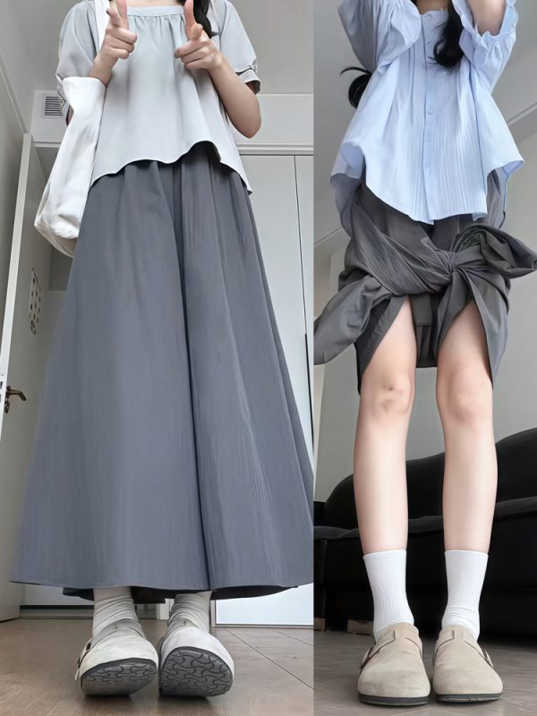 Plus Size Women's Loose Wide-Leg Skirt Pants with Elastic Waist - Summer 2025 Gray Fashionable Y2K Style