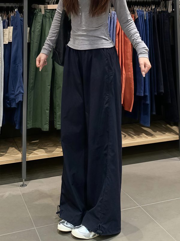 Plus Size Women's Navy Blue Quick-Dry Wide-Leg High-Waisted Cargo Pants - Loose Fit Summer Style