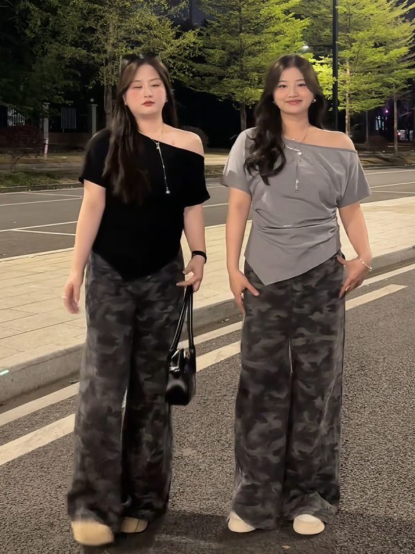 Plus Size Women's Off-Shoulder Short Sleeve T-Shirt - Summer Slimming Irregular Top, Tummy-Covering, Waist-Cinching Style