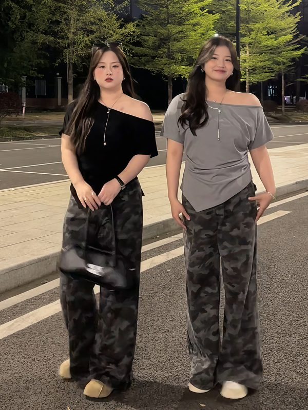 Plus Size Women's Off-Shoulder Short Sleeve T-Shirt - Summer Slimming Irregular Top, Tummy-Covering, Waist-Cinching Style