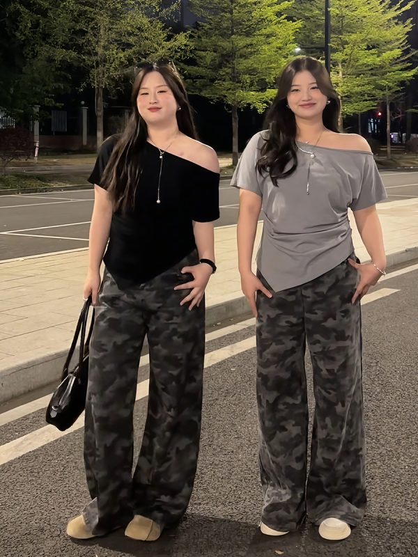 Plus Size Women's Off-Shoulder Short Sleeve T-Shirt - Summer Slimming Irregular Top, Tummy-Covering, Waist-Cinching Style
