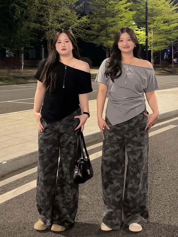 Plus Size Women's Off-Shoulder Short Sleeve T-Shirt - Summer Slimming Irregular Top, Tummy-Covering, Waist-Cinching Style