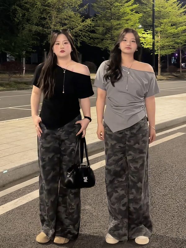 Plus Size Women's Off-Shoulder Short Sleeve T-Shirt - Summer Slimming Irregular Top, Tummy-Covering, Waist-Cinching Style