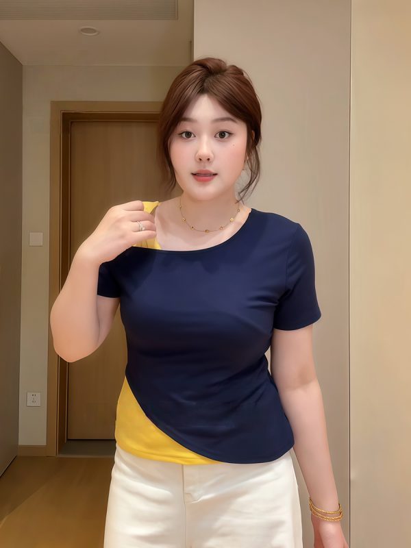 Plus-Size Women's Off-Shoulder Short Sleeve T-Shirt, Slim Fit Faux Two-Piece Top, Summer Fashion for Curvy Women, Trendy Style